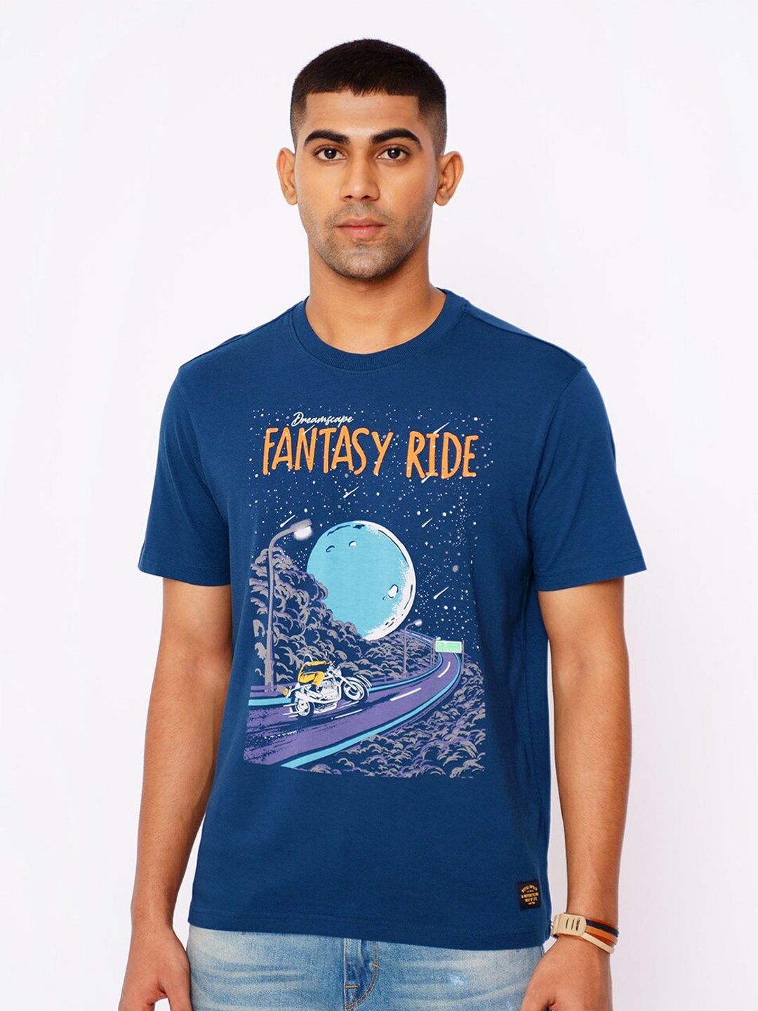

Royal Enfield Men Blue & Orange Typography Printed Cotton T-shirt