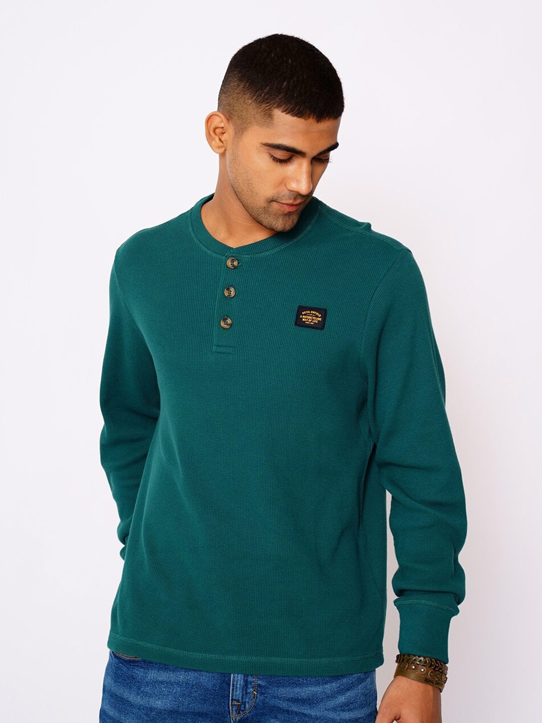 

Royal Enfield Men Green Henley Neck Cotton T-shirt