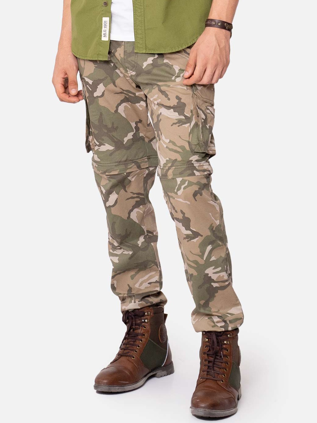 

Royal Enfield Men Olive Green Camouflage Printed Cargos Convertible Trousers