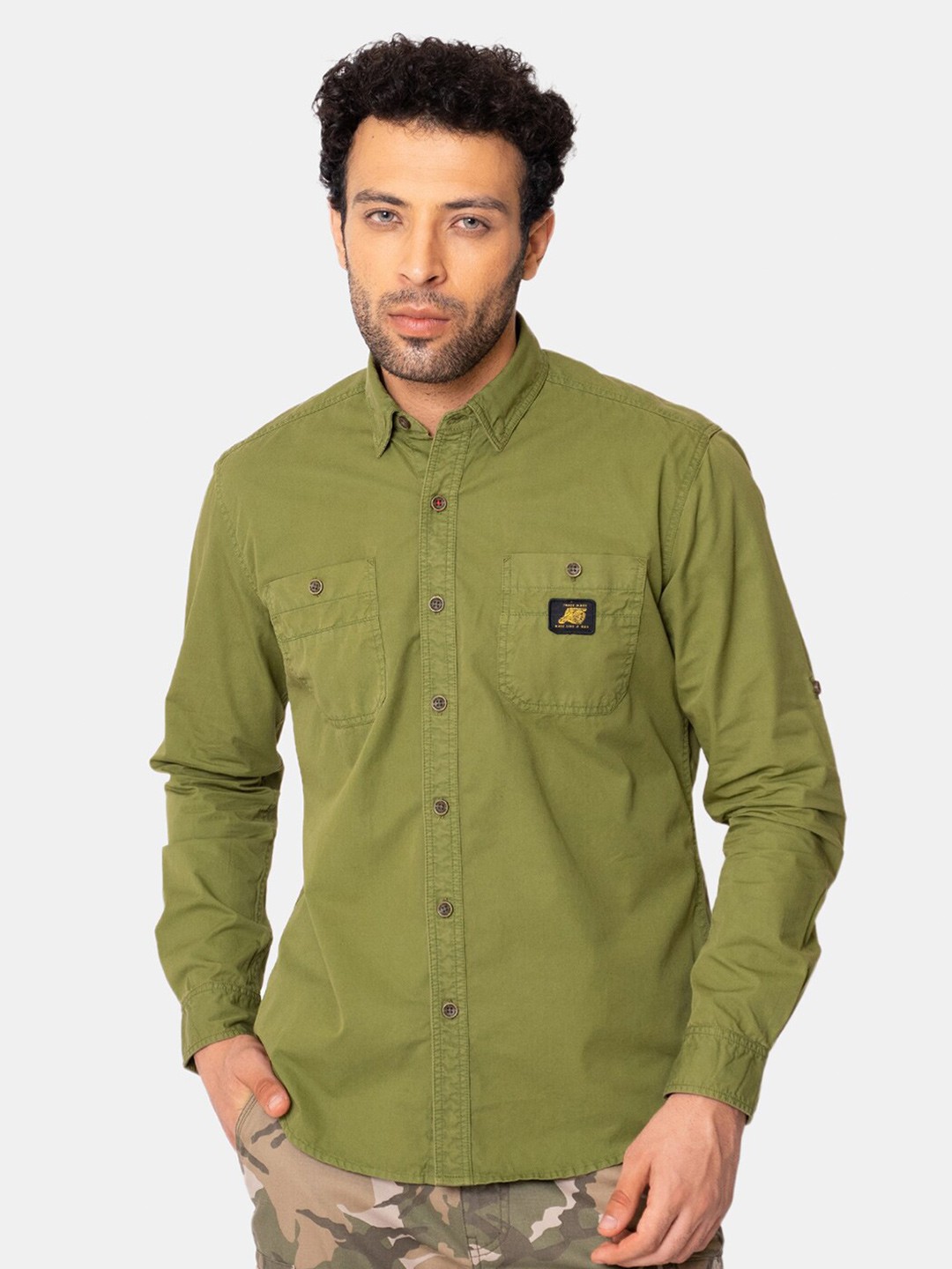 

Royal Enfield Men Olive Green Solid Cotton Casual Shirt