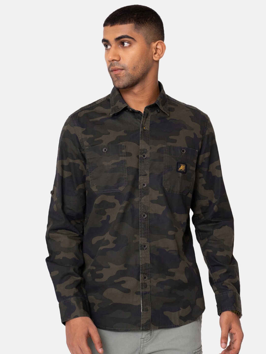 

Royal Enfield Men Olive Green Camouflaged Cotton Casual Shirt