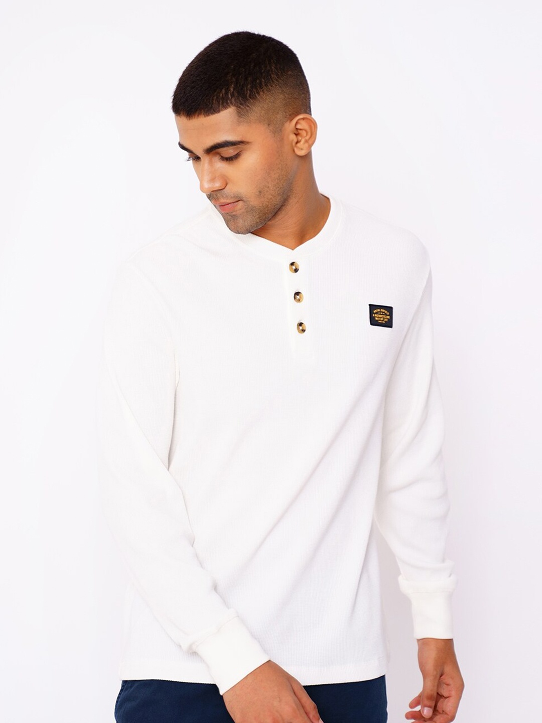 

Royal Enfield Men White Henley Neck Applique T-shirt