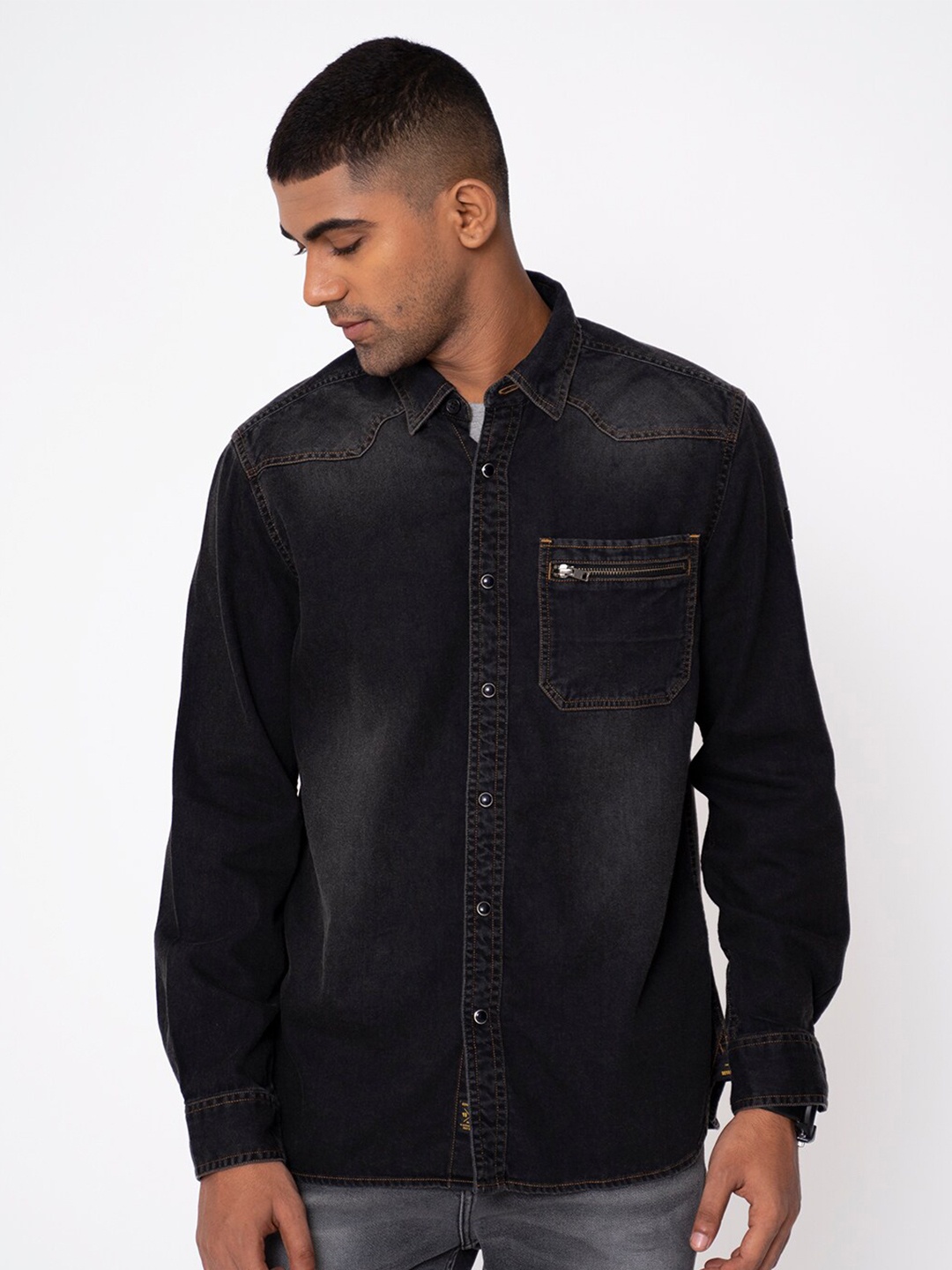 

Royal Enfield Men Dark Grey Faded Denim Casual Shirt