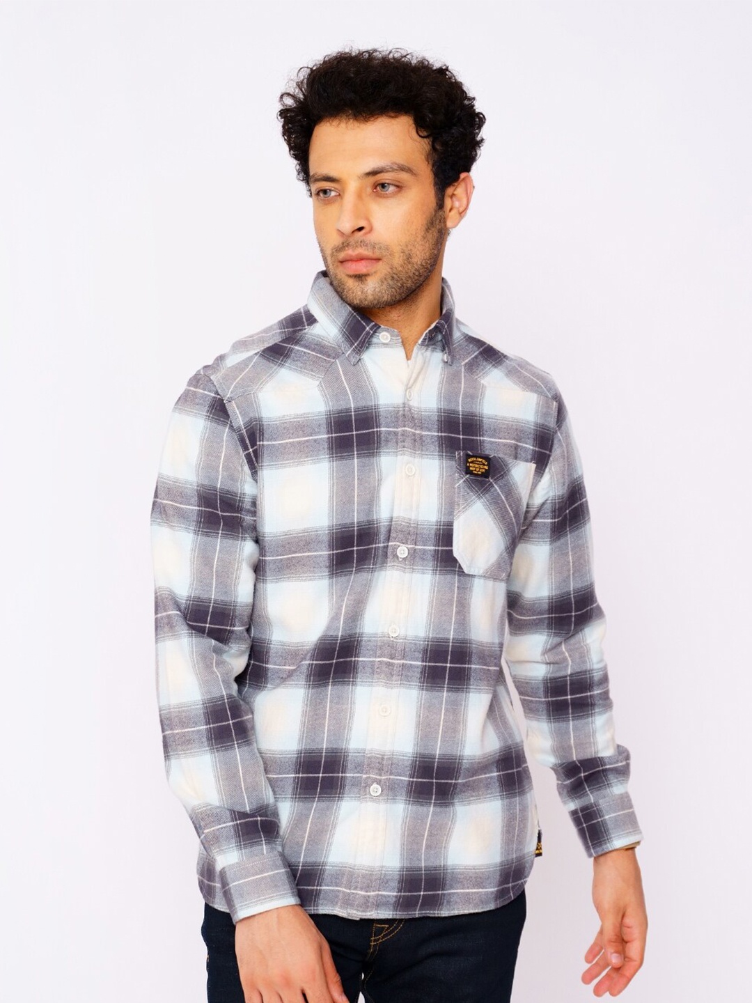 

Royal Enfield Men Grey And Black Tartan Check Cotton Casual Shirt