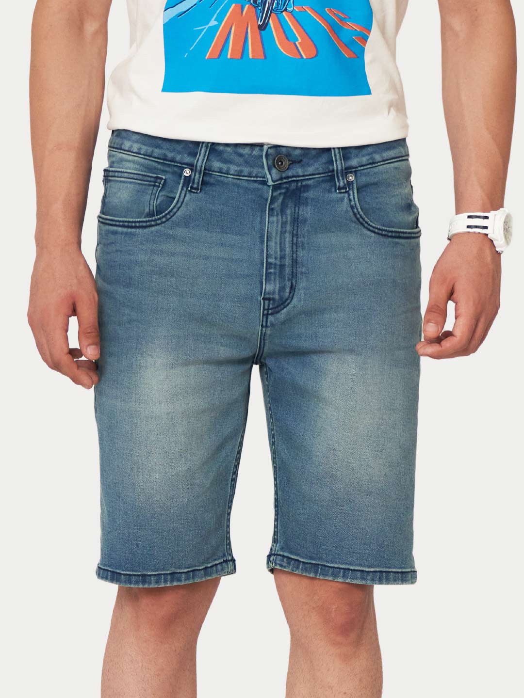 Royal Enfield Men Washed Denim Shorts, Blue