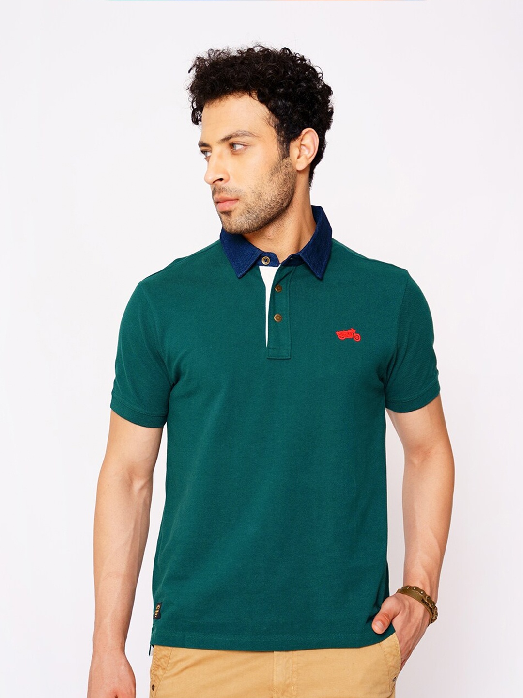 

Royal Enfield Men Green & Red Biker Polo Collar T-shirt