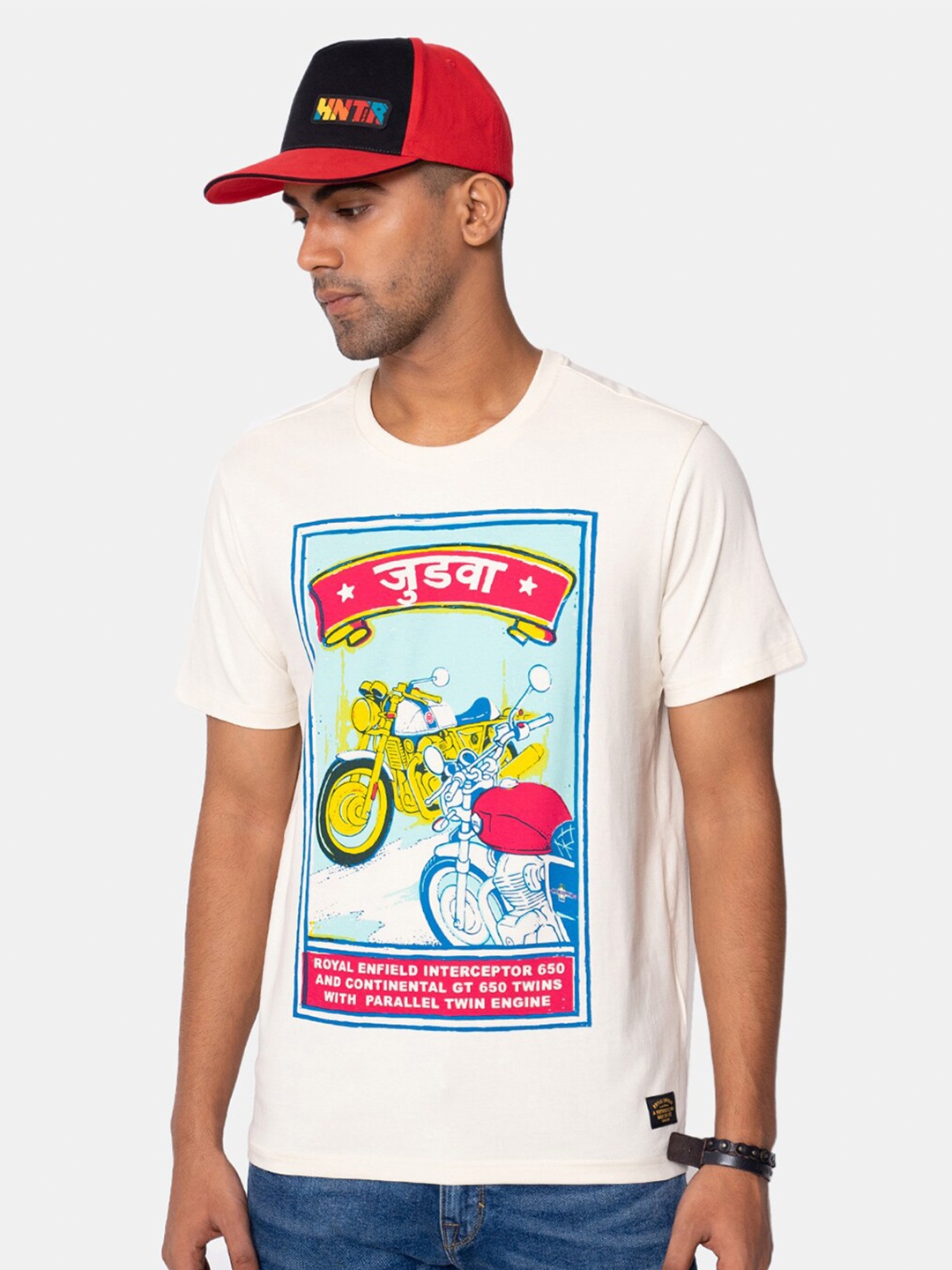 

Royal Enfield Men White & Blue Printed Cotton T-shirt