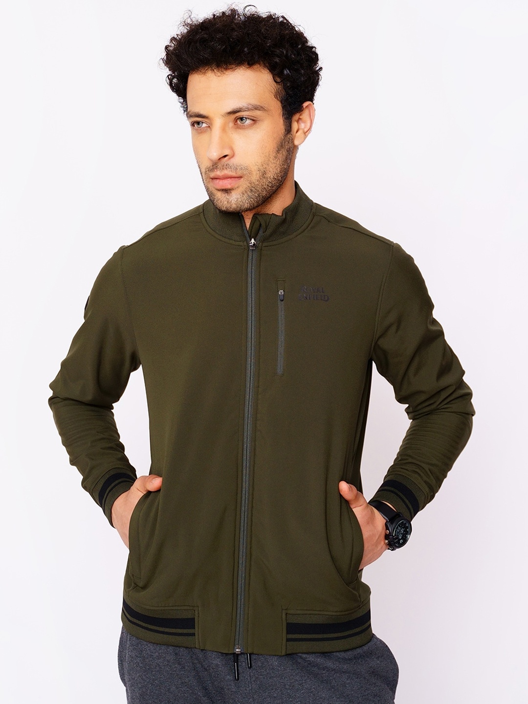

Royal Enfield Men Olive Green Polyester Bomber Jacket