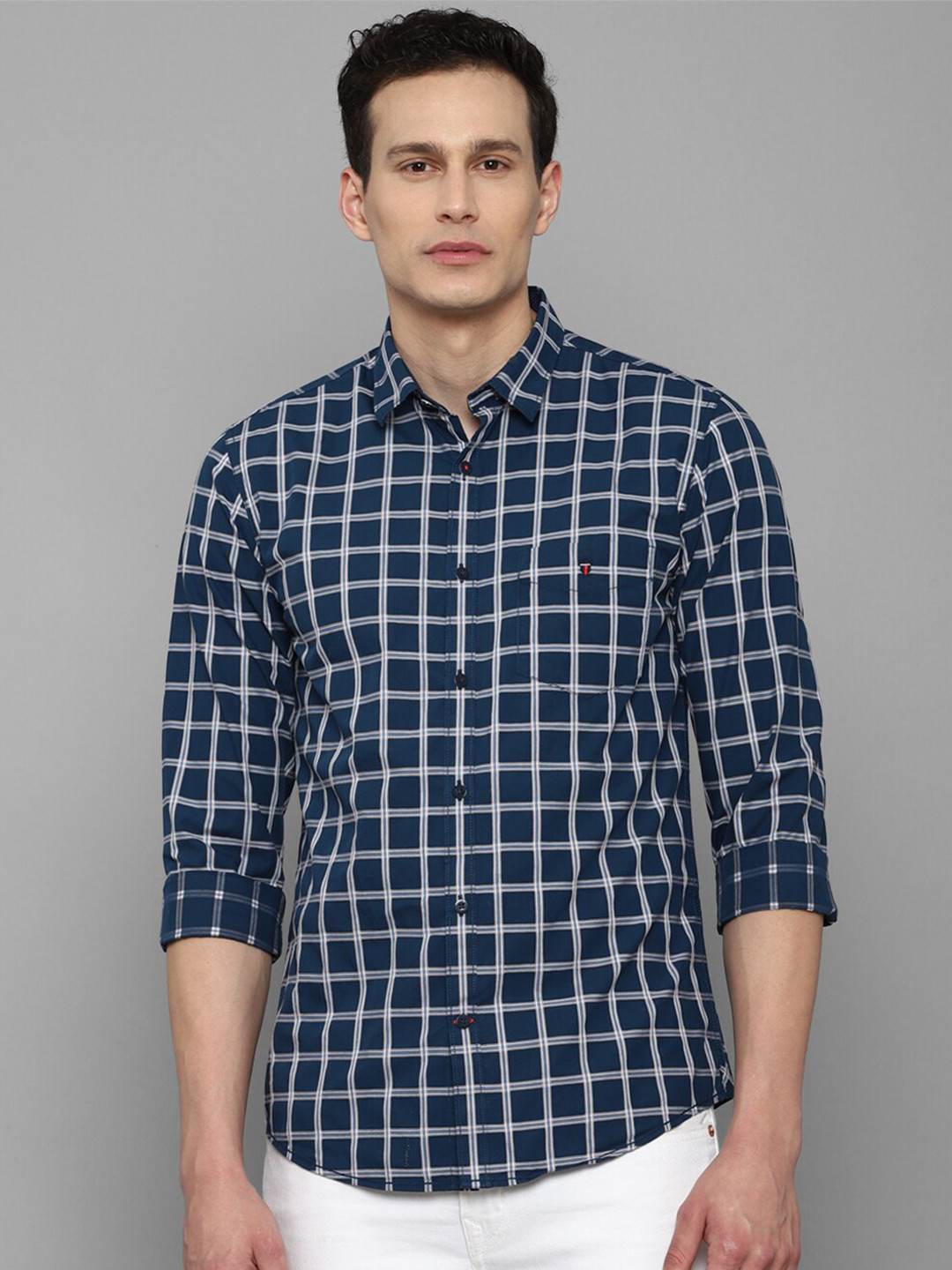 

Louis Philippe Sport Men Navy Blue Slim Fit Windowpane Checked Pure Cotton Casual Shirt