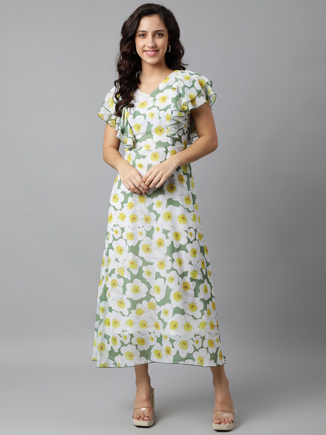 

DEEBACO Green Floral Georgette Maxi Dress