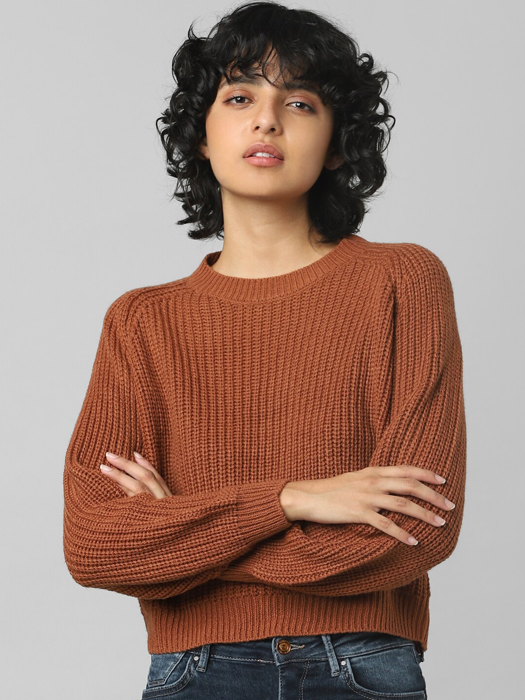 

ONLY Women Brown Cable Knit Striped Pullover