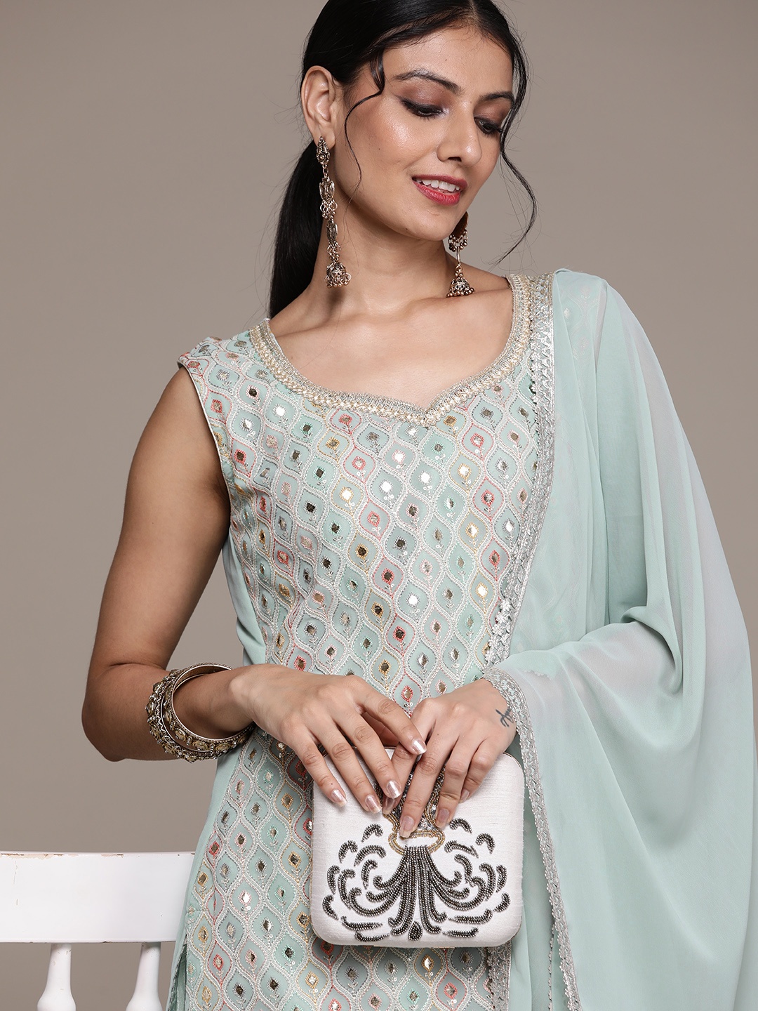 

SAARYA Women Green Ethnic Motifs Mirror Work Kurta with Sharara & Dupatta