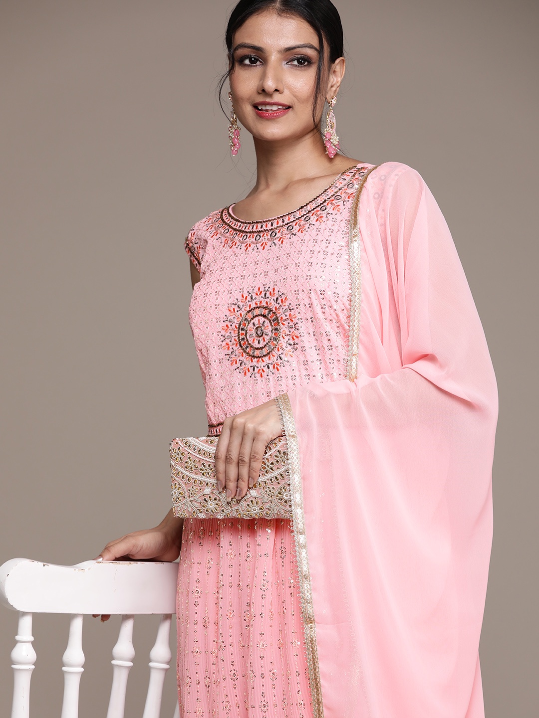 

SAARYA Women Peach-Coloured Floral Embroidered Sequinned Kurta with Palazzos & With Dupatta