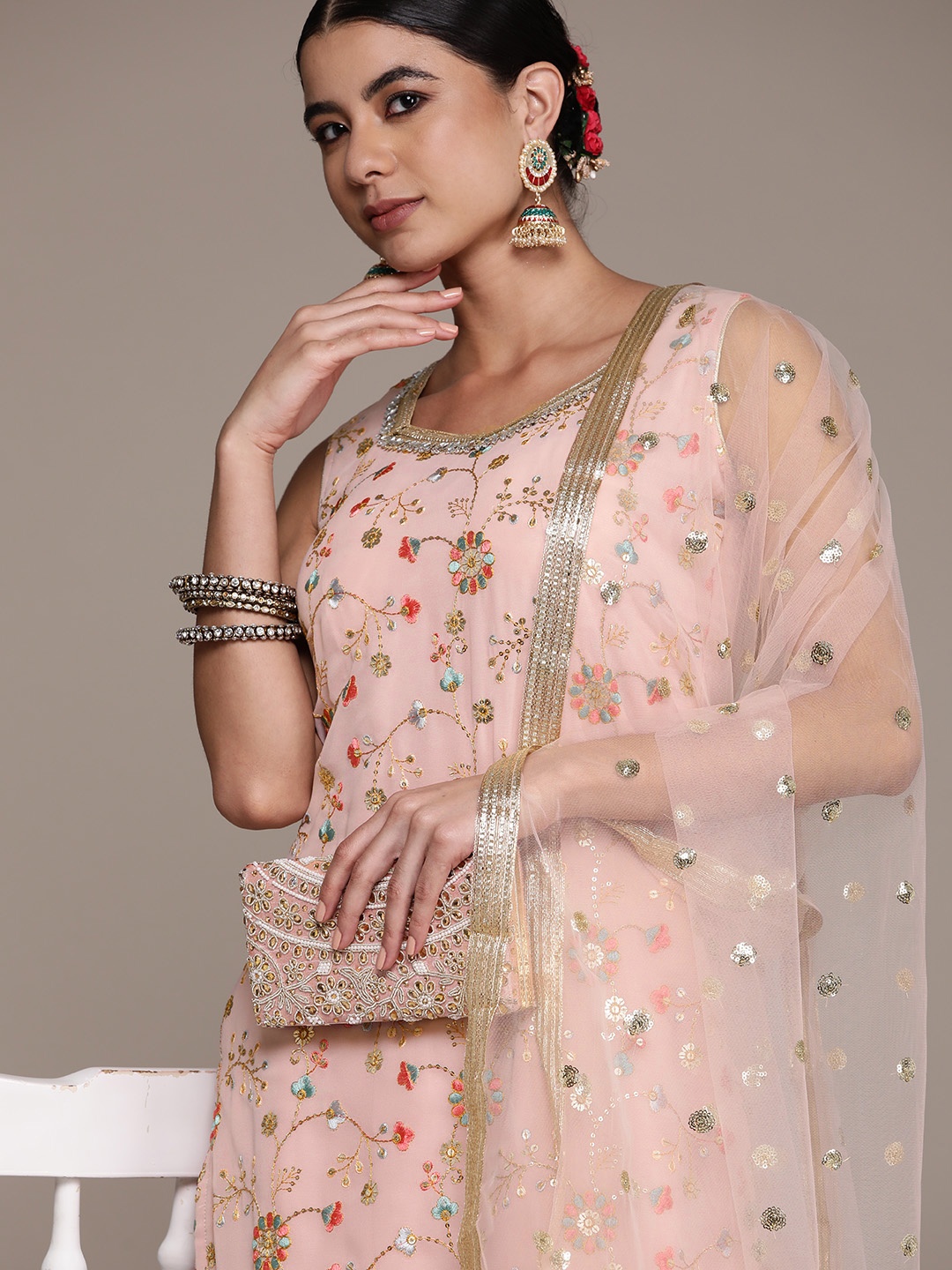

SAARYA Women Peach-Coloured Ethnic Motifs Sequinned Kurta with Sharara & Dupatta