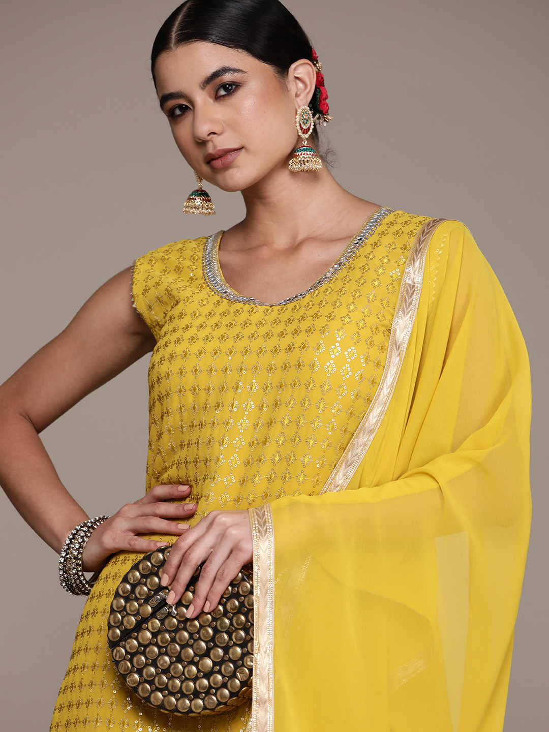 

SAARYA Women Mustard Yellow Ethnic Motifs Embroidered Kurta with Sharara & Dupatta