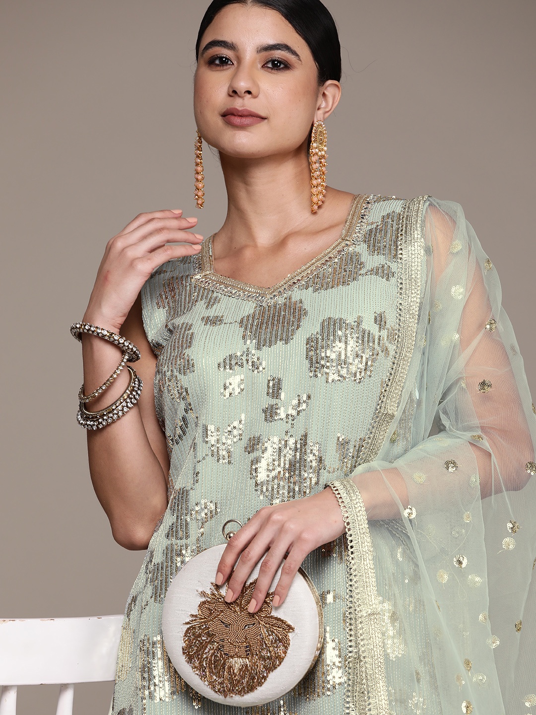 

SAARYA Women Green Floral Embroidered Thread Work Kurta with Sharara & With Dupatta