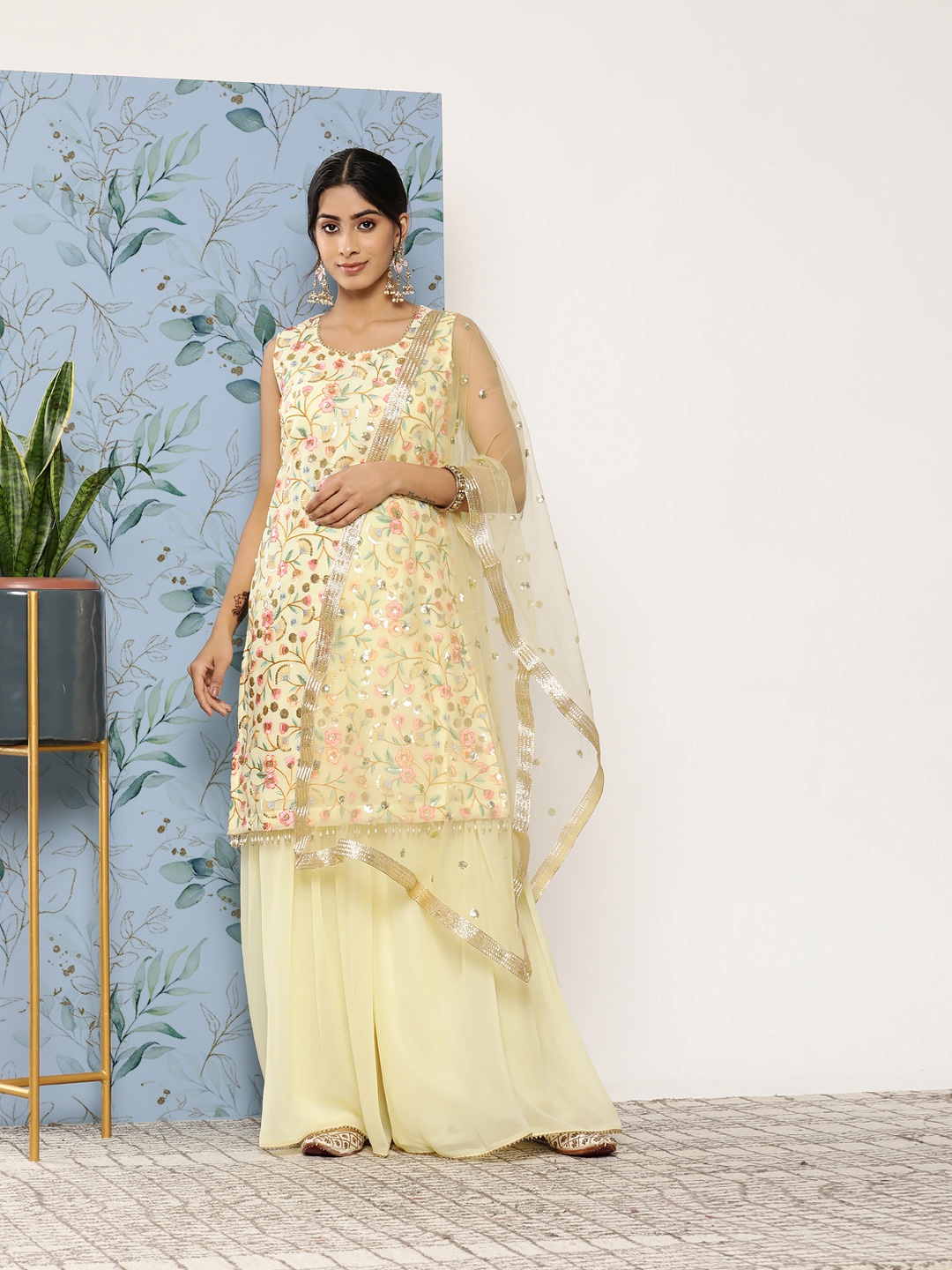 

SAARYA Women Yellow & Pink Ethnic Embroidered Thread Work Kurta with Sharara & Dupatta