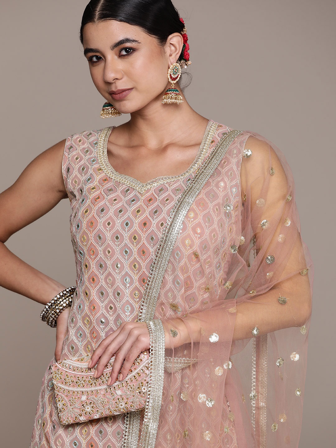 

SAARYA Women Pink Ethnic Motifs Embroidered Mirror Work Kurta with Sharara & Dupatta