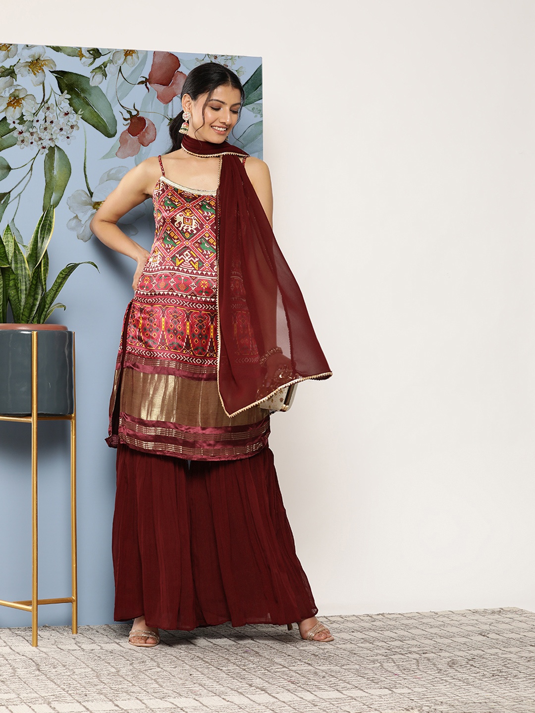 

SAARYA Women Red Ethnic Motifs Colourblocked Kurta with Sharara & With Dupatta