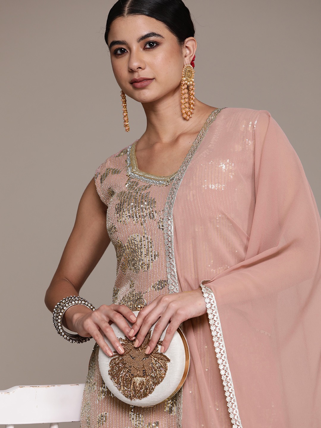 

SAARYA Women Pink & Silver Ethnic Embroidered Sequinned Kurta with Sharara & With Dupatta