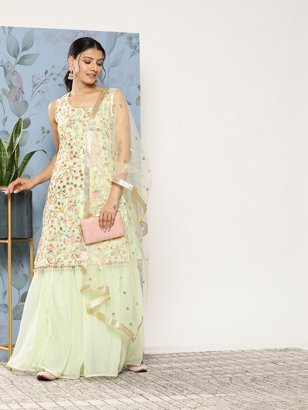 

SAARYA Women Green Ethnic Motifs Embroidered Thread Work Kurta with Sharara & With Dupatta