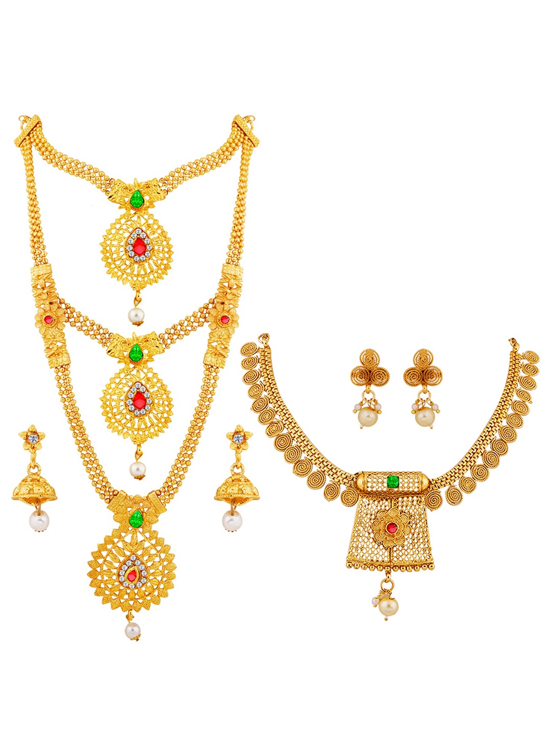 

Silver Shine Set of 2 Gold-Toned and Plated Red Stone Studded Layered Jewellery Set