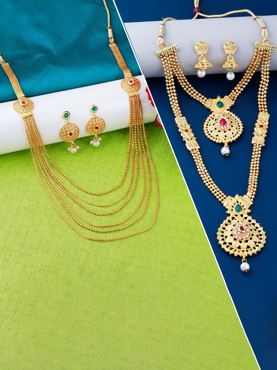 

Silver Shine Gold-Plated Red & Green AD Studded Combo Jewellery Set