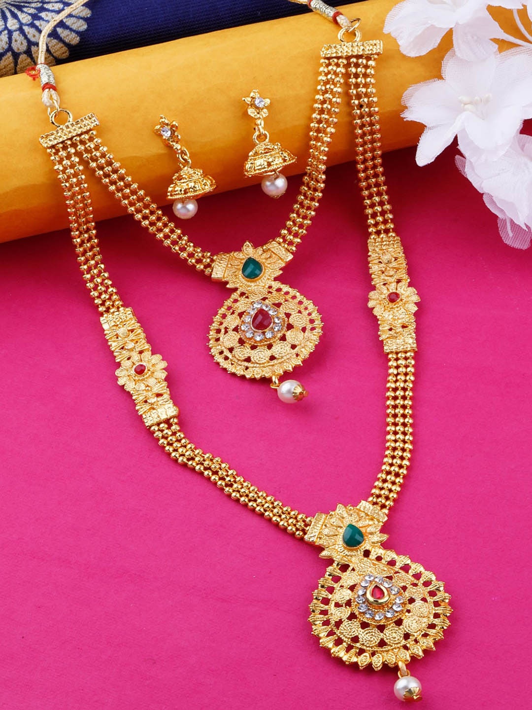 

Silver Shine Gold-Toned & Plated Red AD Studded Layered Jewellery Set