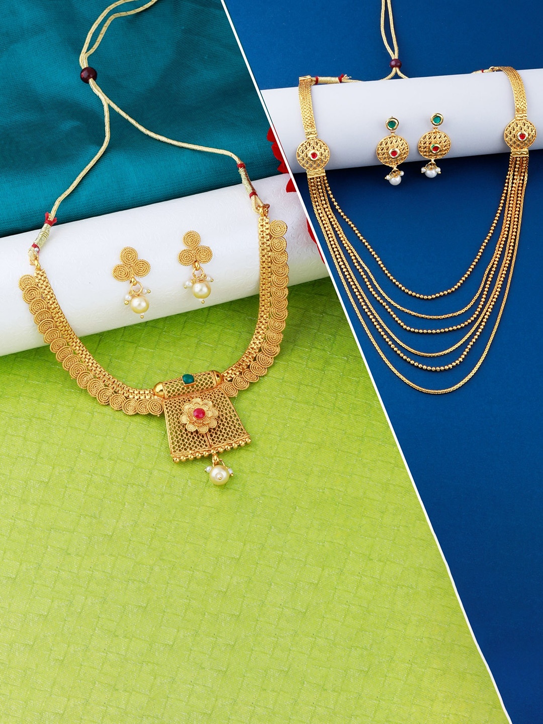 

Silver Shine Set of 2 Gold-Toned & Plated Red AD Studded Layered Jewellery Set