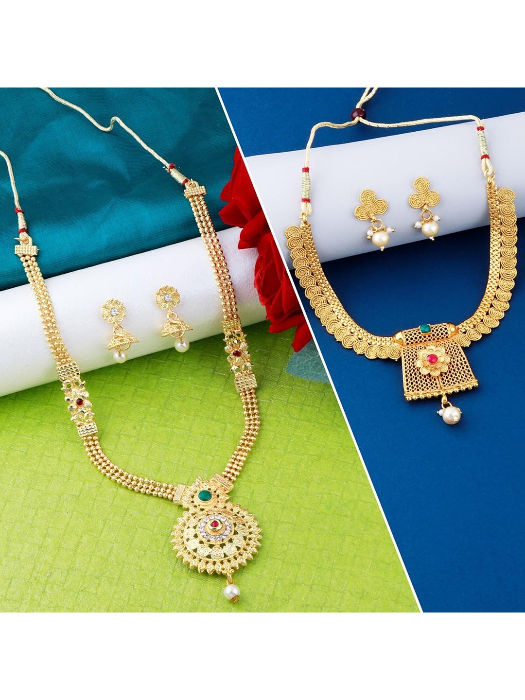 

Silver Shine Gold-Plated White & Green AD Studded Jewellery Set