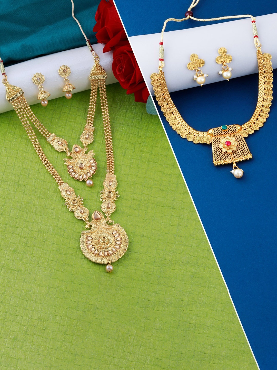 

Silver Shine Set of 2 Gold-Toned & Plated Red AD Studded Layered Jewellery Set