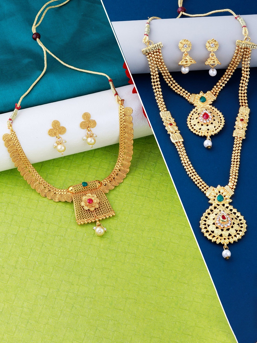 

Silver Shine Set of 2 Gold-Plated & Red American Diamond Layered Jewellery Set