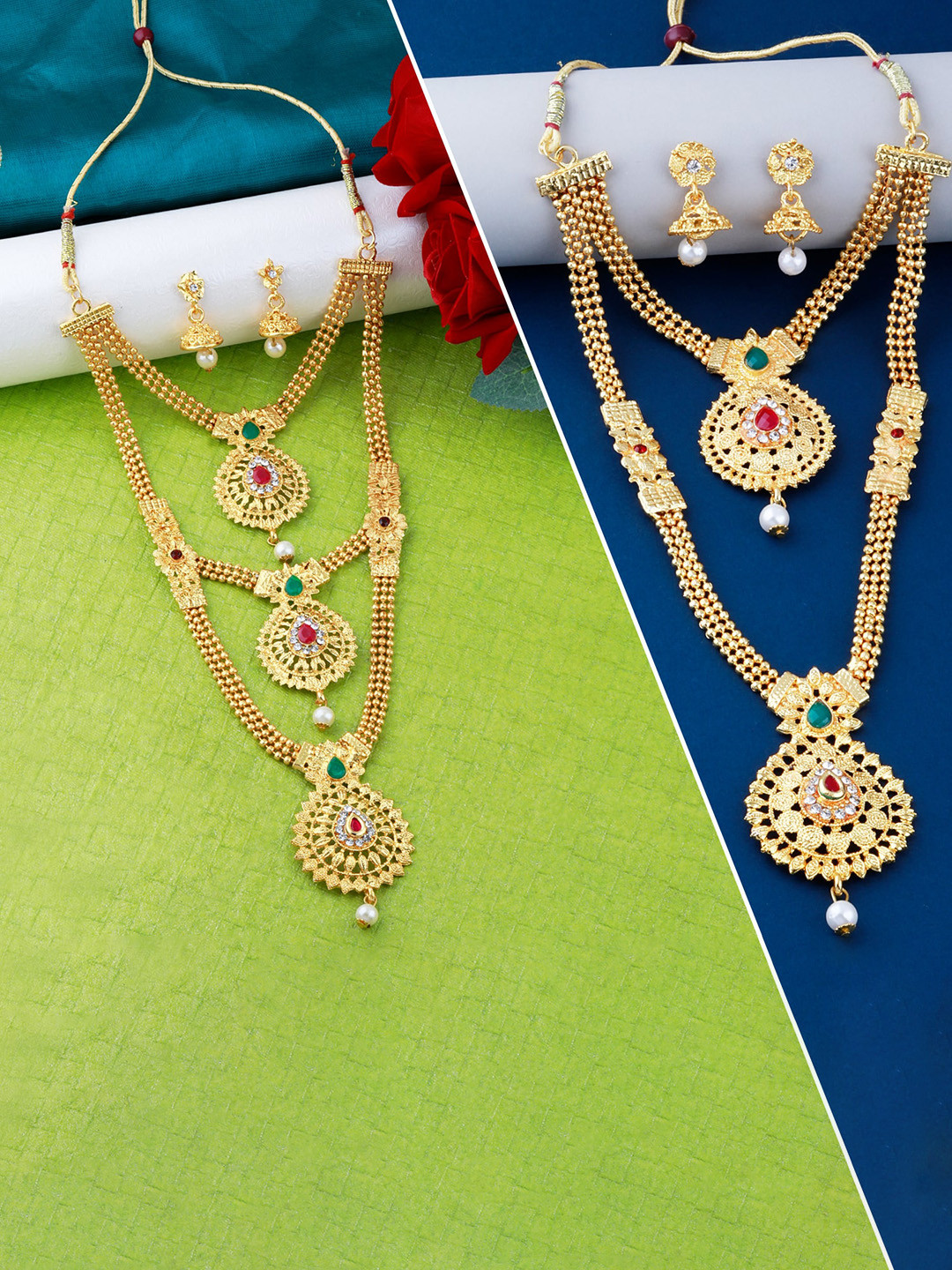 

Silver Shine Set of 2 Gold-Toned & Plated Red AD Studded Layered Jewellery Set