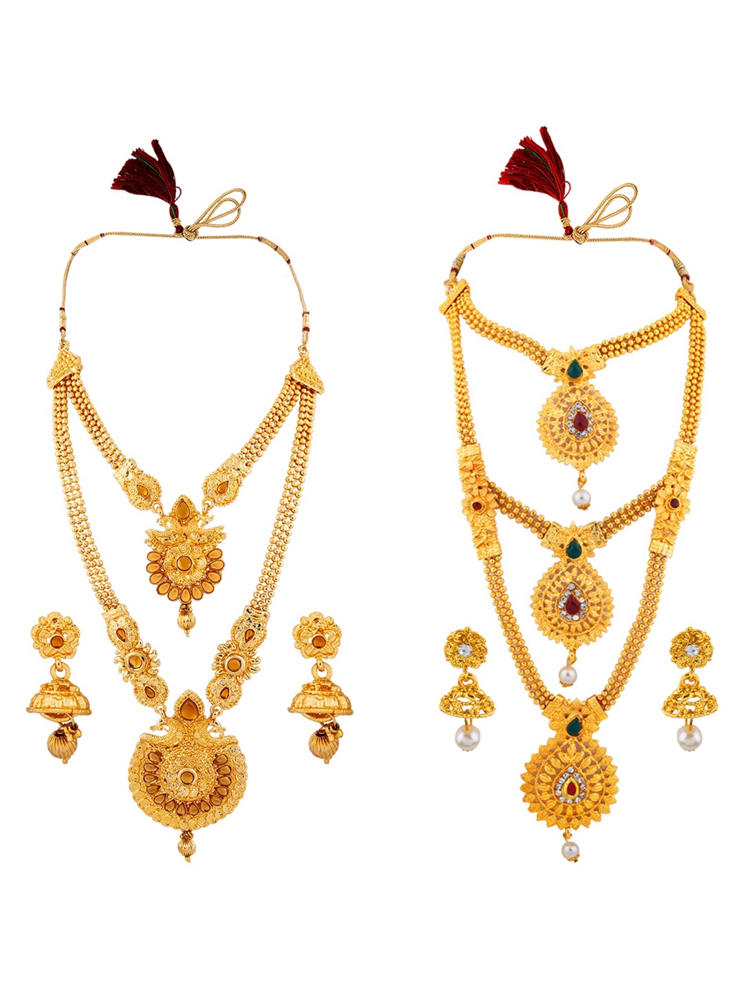 Silver Shine Gold-Plated White & Red AD Studded & Beaded Jewellery Set