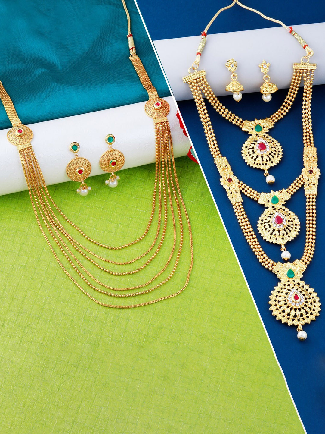 

Silver Shine Set of 2 Gold-Plated Red & Green AD-Studded & Beaded Jewellery Set