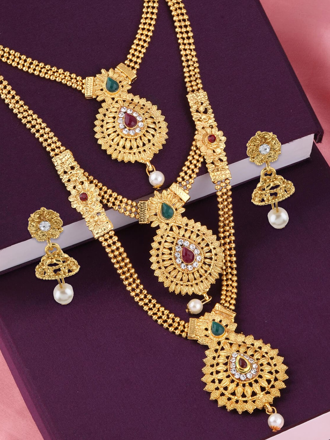 

Silver Shine Gold-Plated Green & Red Stone-Studded Jewellery Set