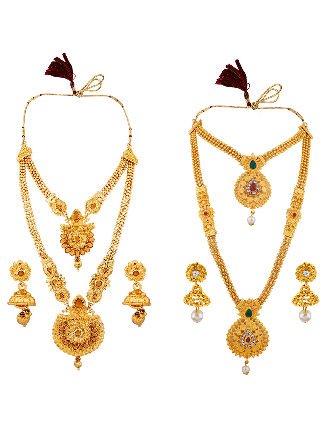 

Silver Shine Set of 2 Gold-Plated Pink & White AD Studded & Beaded Jewellery Set