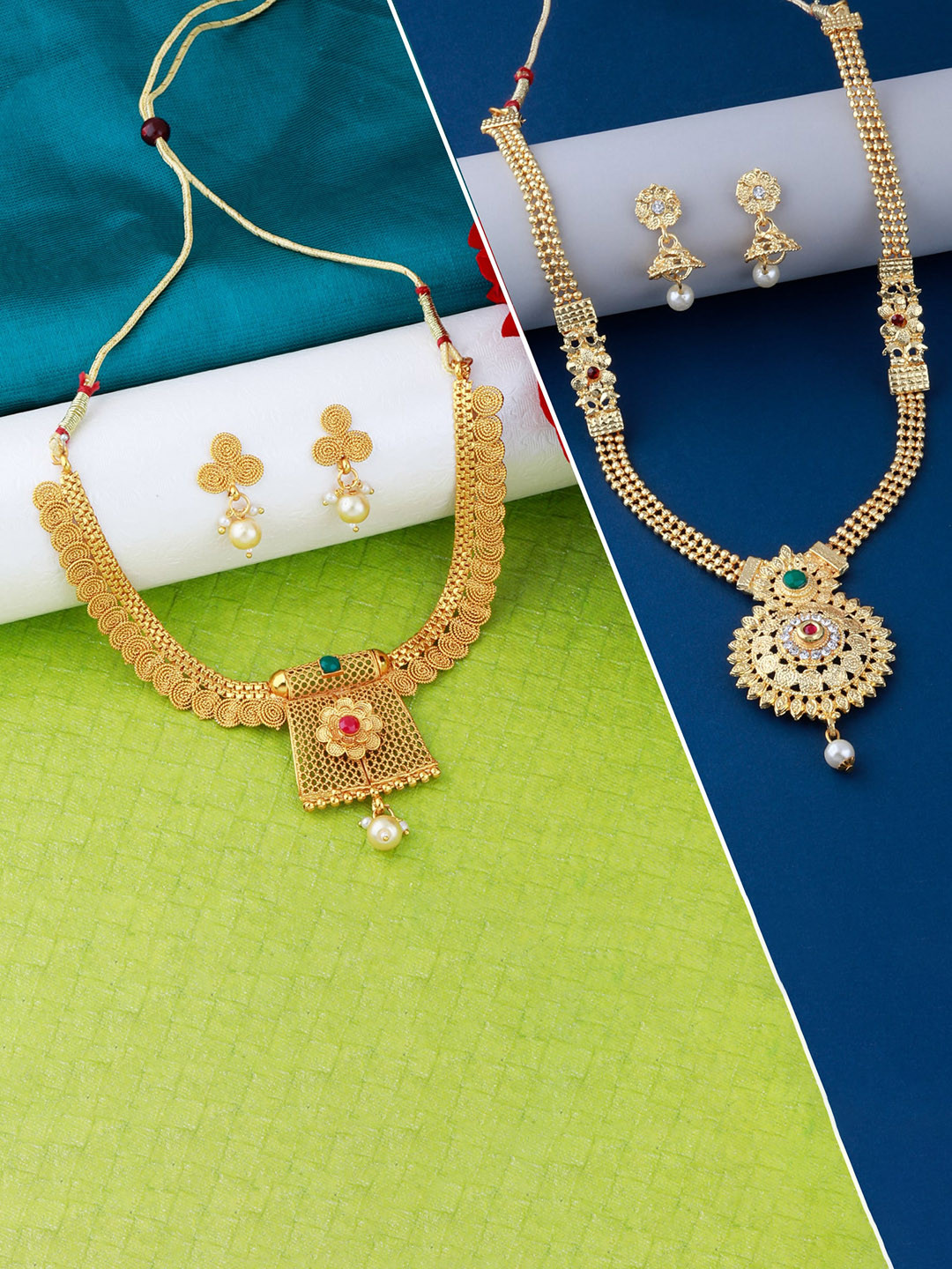 

Silver Shine Set Of 2 Gold-Plated Gold-Toned AD Stone-Studded Jewellery Set