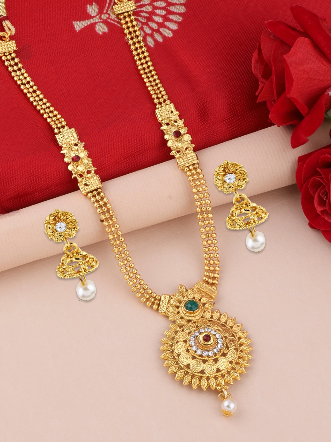 Silver Shine Gold-Plated Gold American Diamond-Studded Jewellery Set
