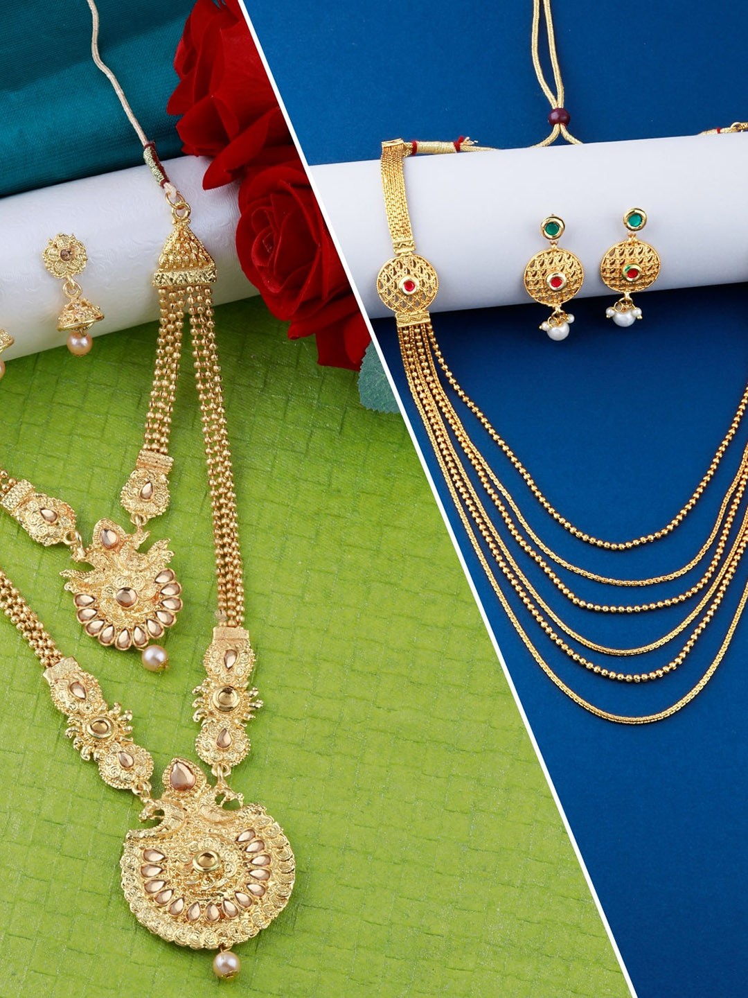 

Silver Shine Gold-Plated Cream-Coloured AD Studded & Beaded Combo Jewellery Set