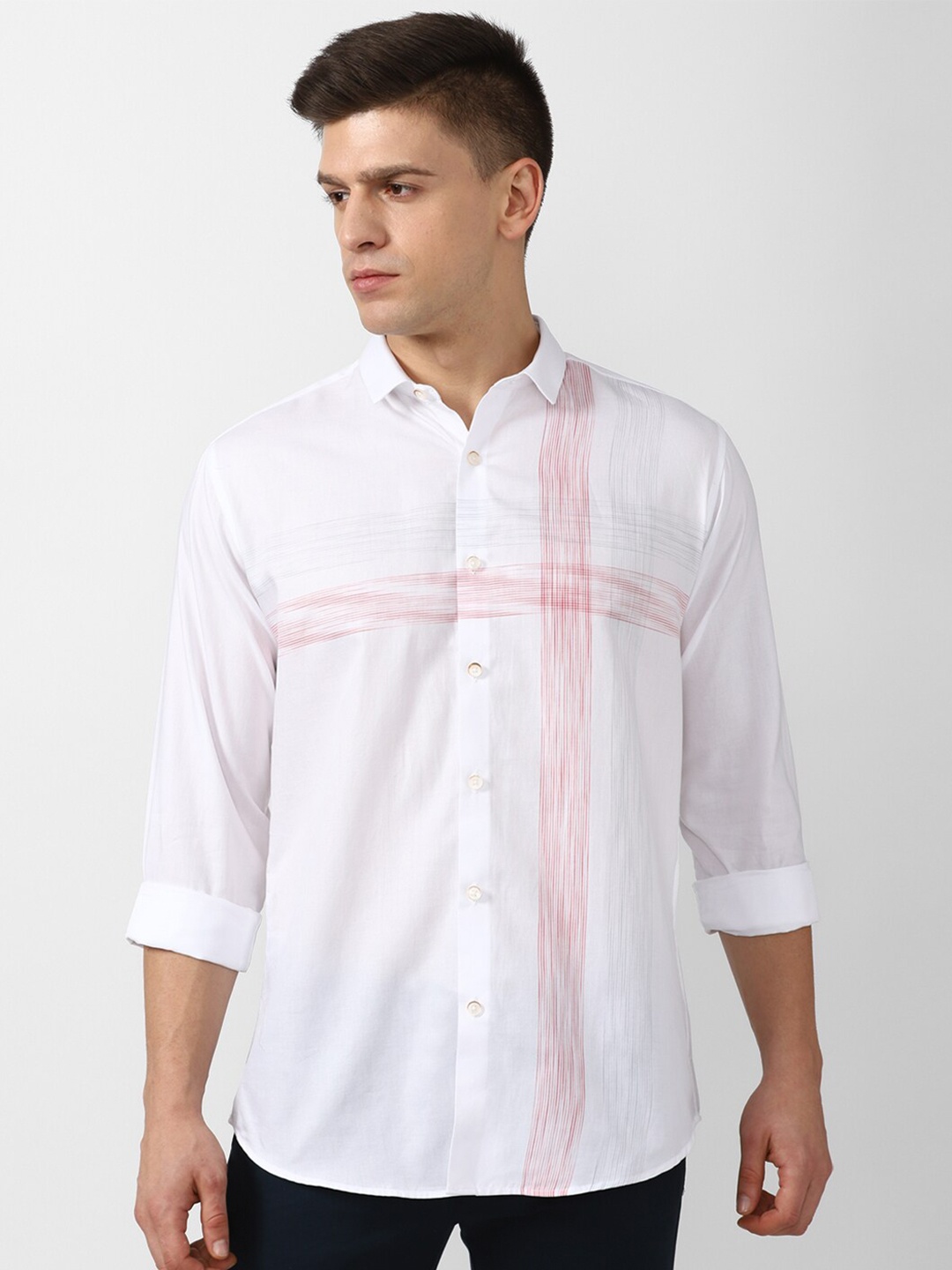 

V Dot Men White Horizontal Stripe Slim Fit Cotton Casual Shirt