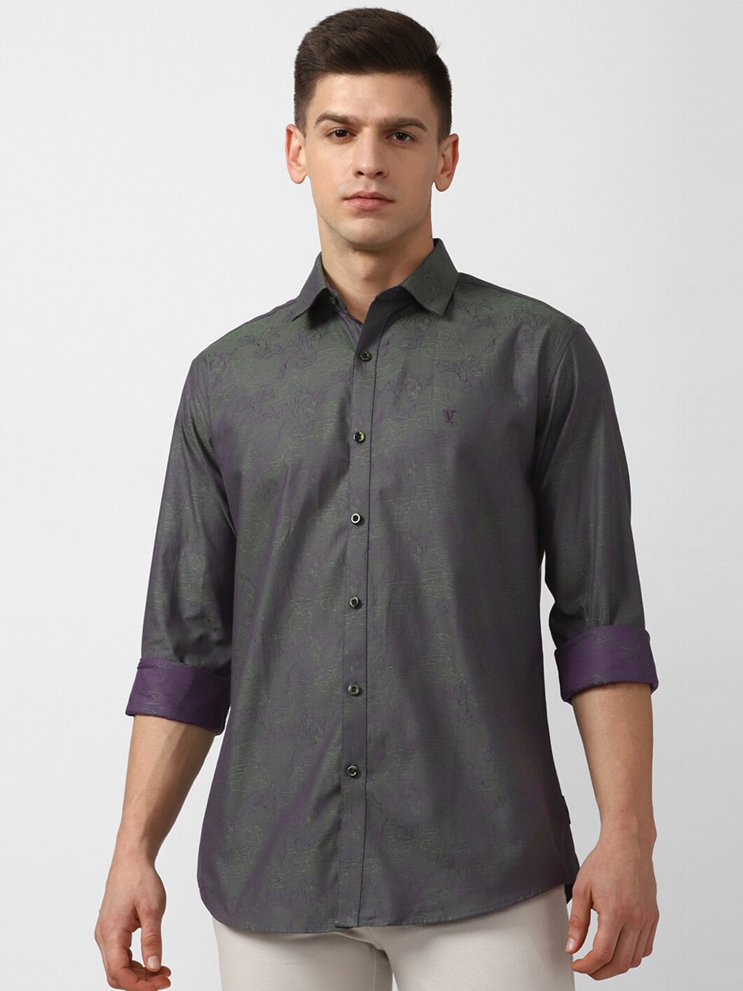 

V Dot Men Grey Floral Print Slim Fit Cotton Casual Shirt