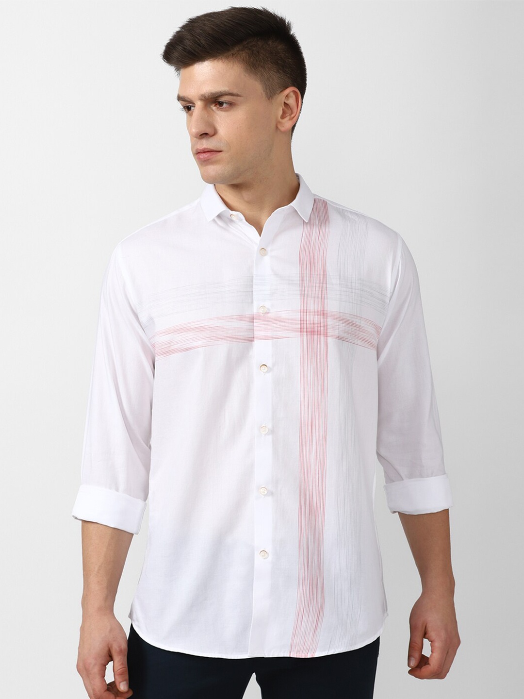 

V Dot Men White Horizontal Stripes Slim Fit Cotton Casual Shirt