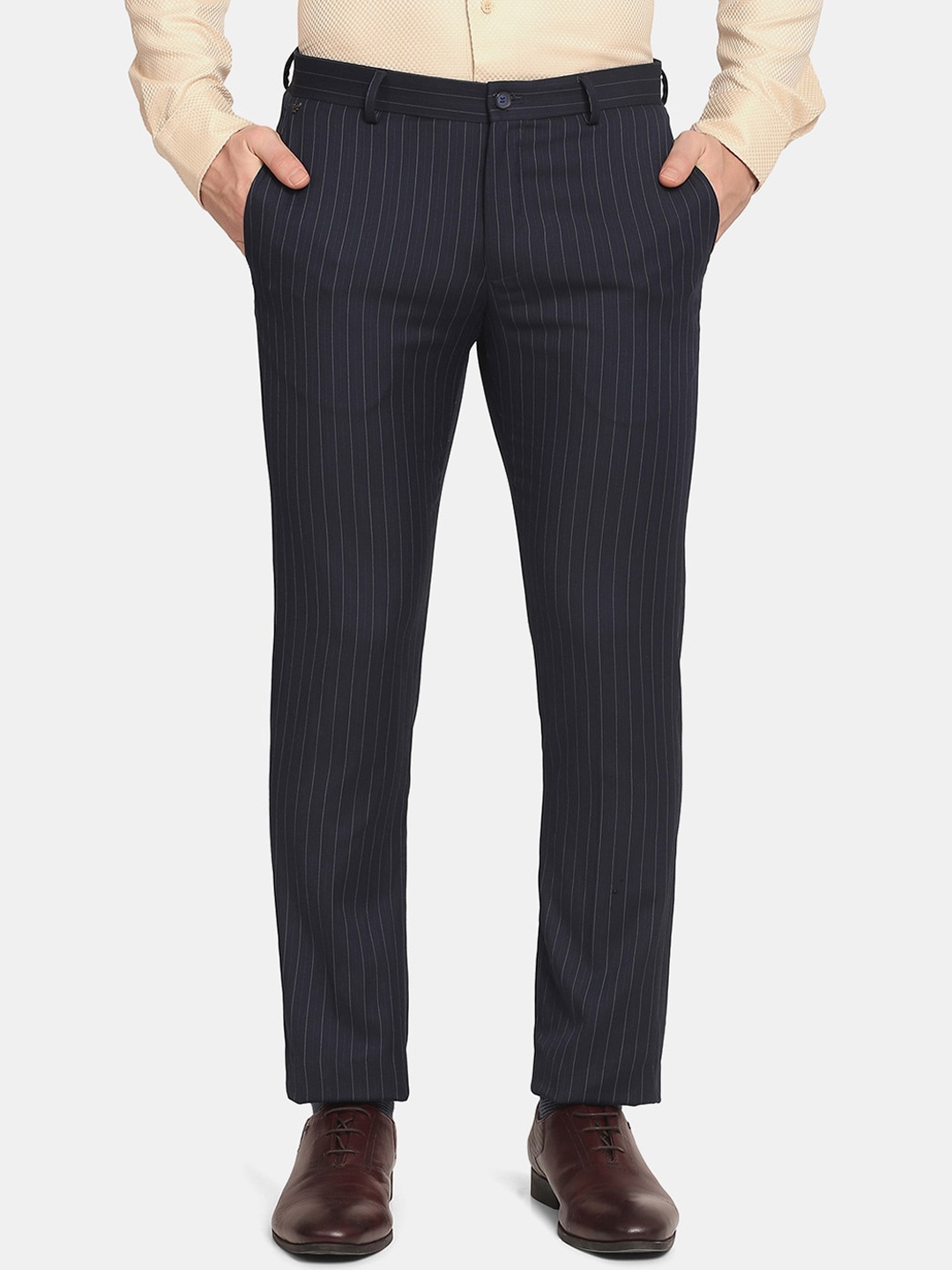 

Blackberrys Men Navy Blue Striped Slim Fit Low-Rise Trousers