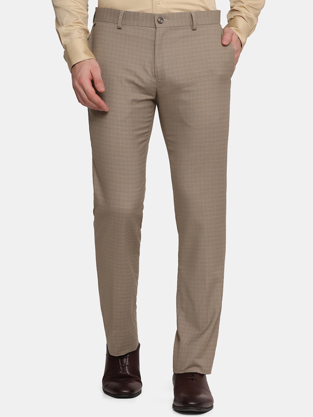 

Blackberrys Men Beige Checked Slim Fit Low-Rise Trousers