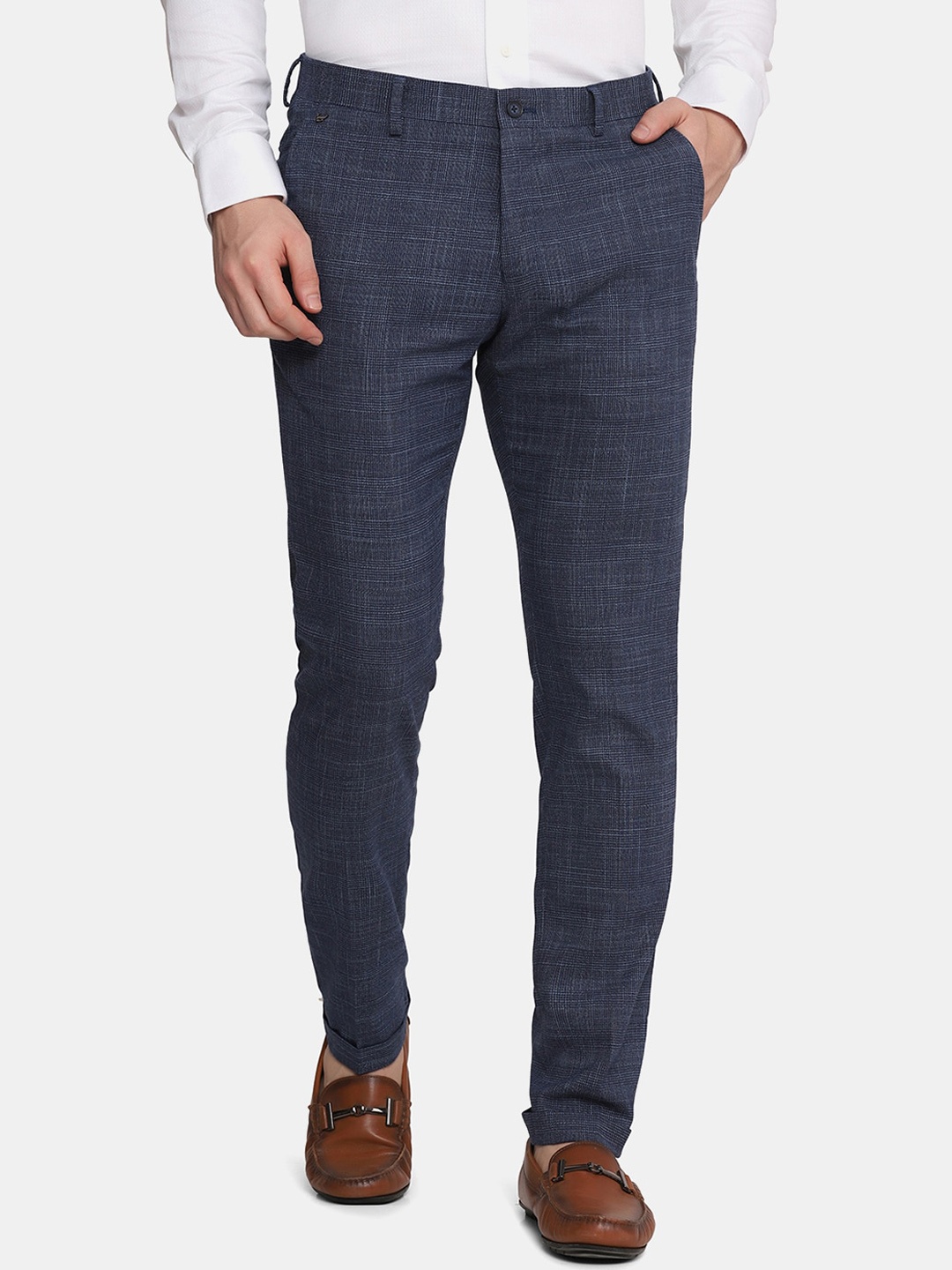 

Blackberrys Men Blue Checked Slim Fit Low-Rise Trousers