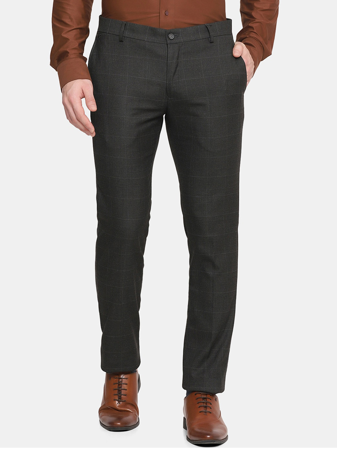 

Blackberrys Men Charcoal Checked Slim Fit Low-Rise Trousers