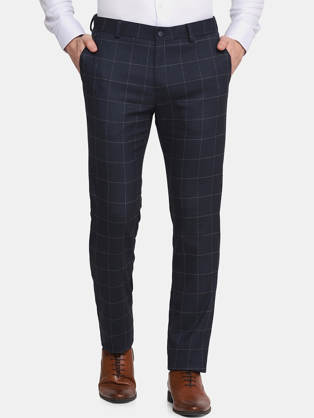 

Blackberrys Men Navy Blue Checked Slim Fit Low-Rise Trousers