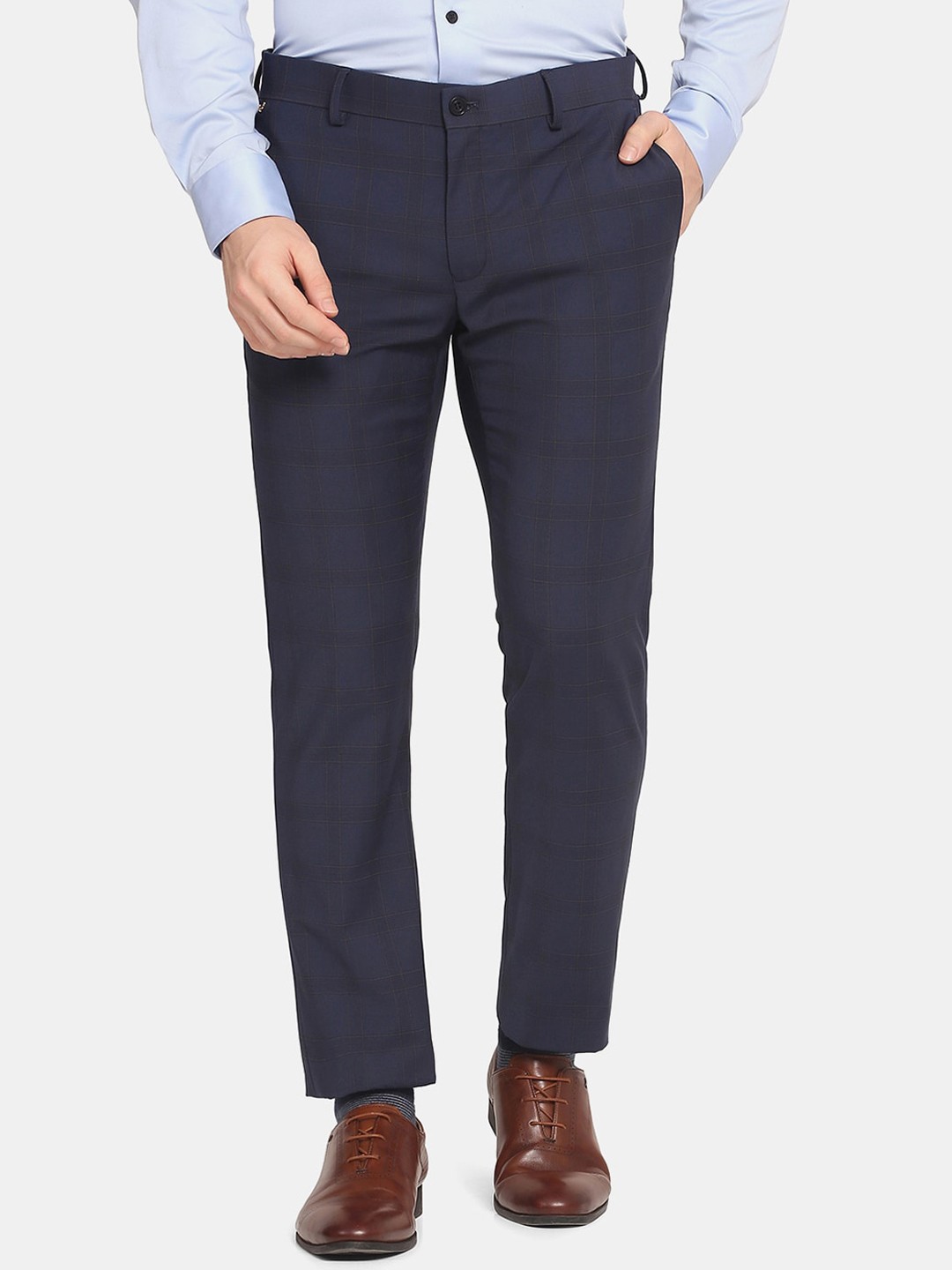 

Blackberrys Men Navy Blue Checked Slim Fit Low-Rise Trousers