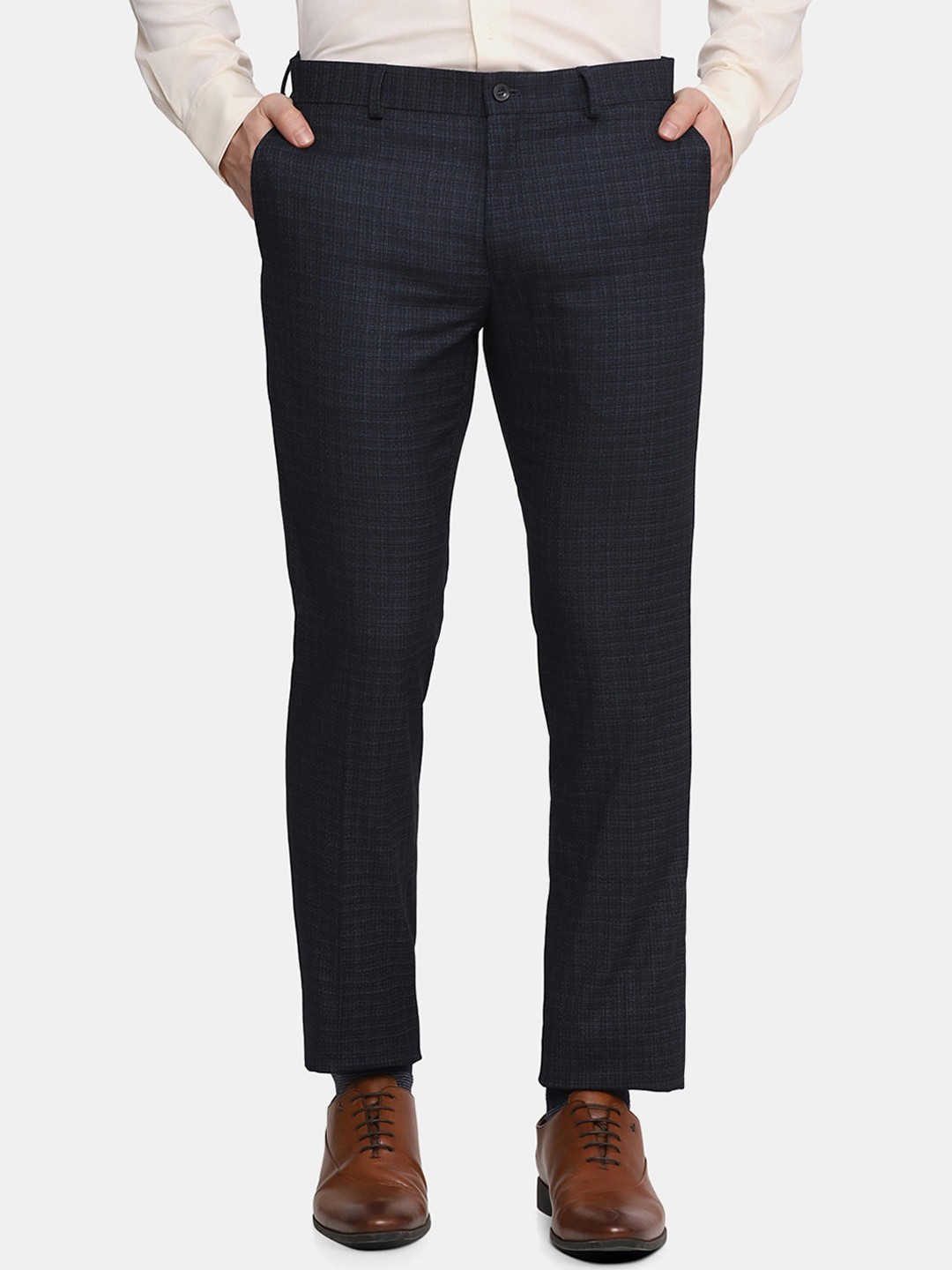 

Blackberrys Men Navy Blue Checked Slim Fit Low-Rise Trousers